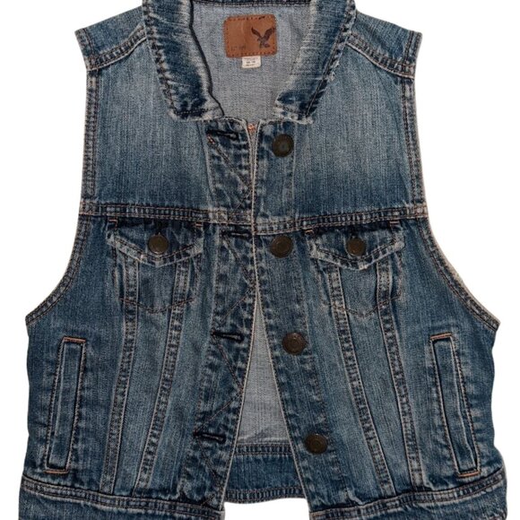 Women's Size XS American Eagle AEO Denim Vest Jean Sleeveless Trucker Distressed - Picture 1 of 4
